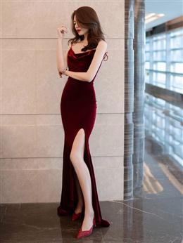 Picture of Burgundy Velvet Floor Length Mermaid Formal Dresses, Velvet Bridesmaid Dress